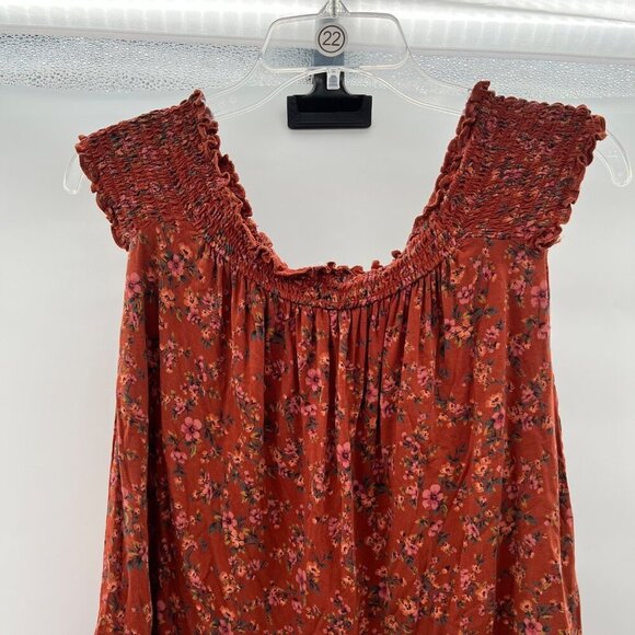 American Eagle Women's Scoop Neck Smocked Top Orange/Multi Floral Size Small - Picture 2 of 9